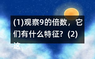 (1)觀察9的倍數(shù)，它們有什么特征?  (2)這些數(shù)的排列有什么特征?與同伴說說你的想法。  (3)如果左表擴(kuò)“充到200，并找出99后面是9的倍數(shù)的數(shù)，它們將在表中的什么位置?做一做，檢驗(yàn)?zāi)愕拇鸢浮?></p>										
													<h3>1、(1)觀察9的倍數(shù)，它們有什么特征?  (2)這些數(shù)的排列有什么特征?與同伴說說你的想法。  (3)如果左表擴(kuò)“充到200，并找出99后面是9的倍數(shù)的數(shù)，它們將在表中的什么位置?做一做，檢驗(yàn)?zāi)愕拇鸢浮?/h3>	 <p>北師大版五年級上冊數(shù)學(xué)《3的倍數(shù)的特征》</p><p>(1)觀察9的倍數(shù)，它們有什么特征?</p><p>一個數(shù)各個數(shù)位上的數(shù)字的和是9的倍數(shù)，這個數(shù)就是9的倍數(shù)。</p><p>(2)這些數(shù)的排列有什么特征?與同伴說說你的想法。</p><p>斜對角</p><p>(3)如果左表擴(kuò)充到200，并找出99后面是9的倍數(shù)的數(shù)，它們將在表中的什么位置?做一做，檢驗(yàn)?zāi)愕拇鸢浮?/p><p>108、117、126 135、144、153、162、171、180、189、198</p>	  <h3>2、北師大一年級數(shù)學(xué)上冊《鞏固應(yīng)用》 10.(1)說一說，你發(fā)現(xiàn)了哪些數(shù)學(xué)信息?(2)提出兩個數(shù)學(xué)問題，并列式解答。</h3>	 <p>北師大一年級數(shù)學(xué)上冊《鞏固應(yīng)用》 10.</p><p>(1)說一說，你發(fā)現(xiàn)了哪些數(shù)學(xué)信息?</p><p>有3個小朋友在蕩秋千，4個小朋友在玩滑梯，2個小朋友在玩蹺蹺板。</p><p>(2)提出兩個數(shù)學(xué)問題，并列式解答。</p><p>①一共有多少個朋友？</p><p>②一共有9個小朋友，有5個男生，女生有多少人？</p>	  <h3>3、（1）和同伴說一說，現(xiàn)在車上的人數(shù)多了還是少了？</h3>	 <p><p>北師大二年級數(shù)學(xué)上冊第一單元星星合唱隊(duì)練習(xí)題練一練及答案</p><p>車上原有56人。下來27人。上了19人。</p><p>（1）和同伴說一說，現(xiàn)在車上的人數(shù)多了還是少了？</p><p>答：下來的人比上去的多，所以車上的人數(shù)少了。</p></p>	  <h3>4、（1）一共有多少個杯子？（2）用了多少個扣子？</h3>	 <p>北師大二年級數(shù)學(xué)上冊第5單元《2-5的乘法口訣》數(shù)松果練一練答案</p><p>1.（1）一共有多少個杯子？</p><p>3x5=15（個）</p><p>（2）用了多少個扣子？</p><p>4x5=20（個）</p>	  <h3>5、（1）估一估，紅繩的長度是黃繩的多少倍？與同伴交流你的方法。</h3>	 <p>北師大二年級數(shù)學(xué)上冊《花園》練一練習(xí)題及答案</p><p>（1）估一估，紅繩的長度是黃繩的多少倍？與同伴交流你的方法。</p><p>答：紅繩是黃繩的5倍。</p><p>（2）分別量出紅繩和黃繩的長度，算一算，自己的估計(jì)準(zhǔn)確嗎？</p>	  <h3>6、2.(1)9個皮球多少元? (2)9個網(wǎng)球多少元?</h3>	 <p>北師大二年級數(shù)學(xué)上冊《買球》練一練習(xí)題及答案</p><p>2.(1)9個皮球多少元?</p><p>98=72</p><p>答：9個皮球72元。</p><p>(2)9個網(wǎng)球多少元?</p><p>99=81</p><p>答：9個網(wǎng)球81元。</p><p>(3)30元買4個網(wǎng)球，夠嗎?</p><p>94=36</p><p>答：夠了</p><p>(4)請你再提出一個數(shù)學(xué)問題，并嘗試解答。</p>	  <h3>7、4.小兔安家。（1）有4間房子，平均每間住幾只小兔？</h3>	 <p>    <tbody>        <tr>            <td width=