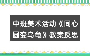 中班美術(shù)活動《同心圓變?yōu)觚敗方贪阜此?></p>										
													<h3>1、中班美術(shù)活動《同心圓變?yōu)觚敗方贪阜此?/h3><p>　　活動目標:</p><p>　　1、能根據(jù)畫面內(nèi)容進行大膽地猜測和想象畫面中的內(nèi)容。</p><p>　　2、認識并會繪畫同心圓，會用簡單的線條將同心圓變成完整的烏龜游戲圖。</p><p>　　3、在創(chuàng)作中體驗到繪畫的樂趣，喜歡畫畫。</p><p>　　4、培養(yǎng)幼兒動手操作的能力，并能根據(jù)所觀察到得現(xiàn)象大膽地在同伴之間交流。</p><p>　　5、激發(fā)幼兒感受不同的藝術(shù)美，體驗作畫的樂趣。</p><p>　　活動重、難點:</p><p>　　活動重點：認識并會繪畫同心圓，會用簡單的線條將同心圓變成完整的烏龜游戲圖。</p><p>　　活動難點：能根據(jù)畫面內(nèi)容進行大膽地猜測和想象畫面中的內(nèi)容。</p><p>　　活動準備：</p><p>　　白紙、水彩筆若干，PPT《同心圓變?yōu)觚敗?/p><p>　　活動過程：</p><p>　　一、導入</p><p>　　師：有一滴小雨滴要來和我們做游戲，小雨滴掉到水里面會有什么聲音?(滴答)小雨滴要來咯，我們來看看小雨滴是怎么樣的。</p><p>　　——此環(huán)節(jié)以小雨滴引發(fā)幼兒興趣進入活動主題。</p><p>　　二、觀看認識同心圓，并大膽表現(xiàn)猜測</p><p>　　1、認識同心圓</p><p>　　師：看一看小雨滴是什么形狀的呢?(圓形)又來了一個小雨滴(滴答)，看看兩滴小雨滴分別在什么位置?(一個小雨滴在里面，一個大一點的小雨滴在外面，外面的大雨滴圍著里面的小雨滴)</p><p>　　師：滴答，又來了一個雨滴，這次看看有幾個雨滴了，(三個)嗯，小中大三個雨滴，你中有我，我中有你，他們好像在做什么?(在跳圓圈舞)</p><p>　　師：哎!小朋友，老師要告訴你們，三個小雨滴，一個小，一個中，一個大，像這樣，小圓在大圓里面，大圓抱著小圓，它們圍著一個中點在跳圓圈舞，我們叫它同心圓。叫什么?(同心圓)</p><p>　　師：小雨滴繼續(xù)下著，滴答、滴答、滴答...(點擊課件)</p><p>　　師：哇!小雨滴落在池塘里玩的好開心呀，接下來的小雨滴你們猜會落在哪里呢?(指出畫面的空白處)為什么?</p><p>　　師：滴答、滴答、滴答小雨滴又落下來掉在池塘里，老師這邊的池塘里有好多小雨滴在游泳，嗯!天空中還有好多個小雨滴，它們想到你們的池塘里去游游，我們小朋友來試一試，讓小雨滴到你們的池塘里去游戲好嗎?</p><p>　　師：好!現(xiàn)在老師就請我們小朋友去用勾線筆在你的畫紙上畫出一個個小、中、大的雨滴，你可以在你的畫紙上畫出有高有低、有大有小的同心圓。</p><p>　　2、幼兒學畫同心圓，提醒畫面布局。</p><p>　　請幼兒在自己的畫紙上畫出同心圓，提醒幼兒同心圓在跳舞，有高有低，有大有小。</p><p>　　3.幼兒盡情想象，同心圓像什么</p><p>　　師：哇!那么多的小雨滴到水里快樂的游泳，想想看這一個個的同心圓像什么?(太陽、甜圈面包、棒棒糖、小烏龜)</p><p>　　師：剛剛有小朋友說同心圓很像小烏龜，老師這有小烏龜呢，我們請小烏龜出來給我們看看到底像不像。</p><p>　　(此環(huán)節(jié)以小雨滴的外形引出認識同心圓并嘗試合理布局繪畫同心圓，同時引發(fā)幼兒根據(jù)同心圓的外形進行想象。)</p><p>　　三、引出烏龜，引導觀察烏龜?shù)膭討B(tài)變化</p><p>　　師：你們覺得同心圓像小烏龜?shù)哪膫€部位?</p><p>　　師：小烏龜?shù)纳砩线€有什么?它的頭會怎么樣?四條腿分別長在哪里?(用手指去觸碰下小烏龜，發(fā)現(xiàn)烏龜?shù)膭討B(tài))小尾巴又長在什么地方?</p><p>　　師結(jié)：烏龜有一個堅硬的烏龜殼，在它身體的一頭有一個會伸縮的小腦袋，身體的另一頭有一個小小的尾巴，身體兩邊有會收縮的四條腿，烏龜是一種爬行動物，烏龜它喜歡在池塘里、大河里或是草地上各種地方生活。</p><p>　　(此環(huán)節(jié)以實物小烏龜進行觀察它的動態(tài)變化，為下一環(huán)節(jié)創(chuàng)作做好鋪墊。)</p><p>　　四、自由創(chuàng)作——有趣的烏龜</p><p>　　1.幼兒創(chuàng)作，在自己的同心圓上表現(xiàn)烏龜。</p><p>　　師：如果讓你的同心圓來變?yōu)觚?，你想變一只什么樣的烏?你想帶它們到哪里玩呢?</p><p>　　師：好!接下來就請小朋友用同心圓來變你喜歡的烏龜吧。</p><p>　　2.教師指導，注意引導幼兒表現(xiàn)烏龜?shù)母鞣N動態(tài)。</p><p>　　教師提醒幼兒添畫細節(jié)和背景，也可在幼兒作品上適當添畫場景，讓畫面更豐富。</p><p>　　(此環(huán)節(jié)鼓勵幼兒能用各種點、線條形狀來表現(xiàn)感受過的小烏龜?shù)闹饕卣?，并根?jù)自己的想象有創(chuàng)造性地表現(xiàn)簡單的情節(jié)。)</p><p>　　五、帶烏龜去旅行</p><p>　　師：今天你們畫的烏龜真有趣，等會請小朋友幫它們穿上五彩繽紛的衣服，打扮得漂漂亮亮的，到更有趣的地方去玩，好嗎?</p><p>　　(此環(huán)節(jié)在相互介紹中發(fā)現(xiàn)同伴的有趣之處，并感受作品中動物形象的造型美。教師展示課件內(nèi)容，激發(fā)幼兒想象力，創(chuàng)作力。)</p><p>　　活動反思：</p><p>　　整個活動，這個課件顯得尤為重要，它不但解決了幼兒的布局問題，還拉近了幼兒與烏龜?shù)木嚯x，幼兒在繪畫過程中能考慮烏龜?shù)母惺埽_到了一定的效果。</p><h3>2、中班美術(shù)教案《圓形變變變》含反思</h3><p><strong>活動目標：</strong></p><p>　　1、喜歡參與美術(shù)活動，體驗活動帶來的樂趣。</p><p>　　2、指導幼兒在圓形的基礎上添畫各種物體，使幼兒在添畫過程中知道圓能變成各種有趣的東西。</p><p>　　3、能大膽地創(chuàng)作和表現(xiàn)，發(fā)展幼兒的想象力和創(chuàng)造力。</p><p>　　4、感受色彩對比。</p><p>　　5、培養(yǎng)幼兒良好的作畫習慣。</p><p><strong>教學重點、難點：</strong></p><p>　　1、喜歡參與美術(shù)活動，體驗活動帶來的樂趣。</p><p>　　2、指導幼兒在圓形的基礎上添畫各種物體，使幼兒在添畫過程中知道圓能變成各種有趣的東西。</p><p>　　3、能大膽地創(chuàng)作和表現(xiàn)，發(fā)展幼兒的想象力和創(chuàng)造力。</p><p><strong>活動準備：</strong></p><p>　　1、各種顏色、各種大小的圓。</p><p>　　2、由圓變成的物體示范畫。</p><p>　　3、彩色筆若干、白紙若干</p><p><strong>活動過程：</strong></p><p>　　1、教師扮演魔術(shù)師導入活動，引發(fā)興趣。</p><p>　　教師：“小朋友，今天我們班里來了一位小魔術(shù)師，他特別喜歡圓的東西，請小魔術(shù)師來說說他喜歡什么圓圓的東西?(我喜歡玩圓圓的皮球，愛照圓圓的鏡子，愛吃圓圓的餅干，還會變圓的魔術(shù)!)</p><p>　　教師：小魔術(shù)師請問什么是變圓的魔術(shù)呀?你能變給小朋友看嗎?</p><p>　　2、小魔術(shù)師表演變圓魔術(shù)</p><p>　　教師：小朋友你們知道，紅色的蘋果是怎樣變的呀?(在紅色圓上畫上綠色的葉子就變成蘋果了)你們會變嗎?你們會變什么呢?怎么變呢?你們真聰明一下子就學會變圓魔術(shù)了。</p><p>　　教師：小魔術(shù)師你還會變什么?小魔術(shù)師：我還會變兩個圓，三個圓，四個圓，許多圓呢。</p><p>　　小魔術(shù)師表演(把兩個圓變成了小雞，三個圓變成了小花，四個圓變成了蝴蝶。)小朋友，你能把兩個圓，三個圓，四個圓，許多的圓變成什么呢?請幼兒自由討論，告訴身邊的好朋友。</p><p>　　3、幼兒操作，教師巡回指導</p><p>　　(1)交代任務：我們今天也來學小魔術(shù)師變圓的魔術(shù)。老師出示為幼兒準備的材料(老師為小朋友準備了各種顏色，各種大小的圓。請小朋友先想好你想用幾個圓變成什么東西，然后找到你所需要的圓，撕去圓后面的雙面膠的外面一層，粘在紙上，再把它添畫好。我們小朋友把圓變好了，可以互相參觀，告訴小朋友，你把幾個圓變成什么東西了?，F(xiàn)在請小朋友去找一個好朋友一起去變圓。</p><p>　　(2)教師巡回指導：</p><p>　　要求幼兒把廢紙仍在籮筐里。變出和別人不一樣的東西來。幫助能力差的幼兒，鼓勵他大膽變圓。</p><p>　　4、展示作品，相互欣賞，交流。</p><p>　　通過舉辦“圓形魔術(shù)變變變展覽”，展示全班幼兒作品，相互欣賞、分享交流</p><p><strong>教學反思：</strong></p><p>　　本次活動在導入環(huán)節(jié)中，我扮演魔術(shù)師，以圓形變變變的魔術(shù)向幼兒展示范畫，激發(fā)幼兒活動的興趣，豐富幼兒的感知經(jīng)驗。在幼兒自由討論想象這一環(huán)節(jié)，我讓幼兒先觀察魔術(shù)師是怎樣用一個圓形變出蘋果，用兩個圓形變出小雞。再請幼兒自由討論：如果你是魔術(shù)師，你要用一個圓形、兩個圓形、三個圓形、四個圓形、許多圓形變出什么呢?給幼兒一個發(fā)揮想象的空間，讓他們能夠無所顧忌地將自己的想法說出來。同時，學習用語言表達圓形的各種有趣的變化。在幼兒拼貼圖形并添畫這一環(huán)節(jié)，要求幼兒先想好要用幾個圓形變出什么有趣的圖形，并粘貼好，再鼓勵幼兒對自己畫面上的圓形進行相似聯(lián)想后添畫。在這一環(huán)節(jié)中，我充分調(diào)動幼兒的積極性，激發(fā)幼兒的想象，鼓勵幼兒與從不同的想象，拼出與別人不一樣的作品。幼兒在沒有任何束縛和限制下，自由創(chuàng)作，我巡回指導，對一些能力弱、不夠大膽的幼兒以積極鼓勵，對個別不會的幼兒做詳細地講解，對一些領(lǐng)悟能力強、創(chuàng)作好的幼兒及時予以表揚、引導。這一環(huán)節(jié)是本次活動的難點環(huán)節(jié)，主要通過幼兒的實際操作，教師及時、個別的指導突破難點。最后就是結(jié)束環(huán)節(jié)。本環(huán)節(jié)主要通過舉行“圓形魔術(shù)變變變展覽”，張貼全班幼兒作品，通過自由的幼兒與幼兒、幼兒與教師間的討論，讓幼兒大膽地用語言將自己的作品內(nèi)容表達出來，同時還能說說自己最喜歡哪一幅作品，為什么喜歡它。在本環(huán)節(jié)中，我肯定了每個幼兒作品，讓幼兒獲得成功后的愉悅體驗。鼓勵每一位幼兒積極地、主動地、大膽地用語言將自己的作品表達出來。從而達到藝術(shù)活動的最高目標，表現(xiàn)自己的情感和體驗，分享他們</p><h3>3、中班美術(shù)活動教案《窗花》含反思</h3><p><strong>活動目標：</strong></p><p>　　1、樂意參與到剪紙活動當中，體驗剪窗花帶來的樂趣。</p><p>　　2、培養(yǎng)幼兒的欣賞能力。</p><p>　　3、能呈現(xiàn)自己的作品，并能欣賞別人的作品。</p><p><strong>活動過程：</strong></p><p>　　1、談話導入：</p><p>　　師：小朋友，喜慶的日子很熱鬧，人們會在玻璃上貼好多漂亮的貼畫。你們想不想看一看?</p><p>　　幼：想。</p><p>　　師：好!看-----</p><p>　　2、出示各種剪紙作品，請幼兒欣賞。</p><p>　　師：“小朋友看到了什么?</p><p>　　幼：小兔子、老虎、花、剪紙……師：嗯，對!這就是剪紙，它是我們中國特有的民間藝術(shù)。那你們看，簡直和其他的紙有什么不同之處?</p><p>　　幼：有洞、兩朵花一樣、好多小兔子一樣……師作</p><p>　　總結(jié)：“洞”是鏤空，對稱，四方連續(xù)……等方法。</p><p>　　3、以四瓣花剪紙作品，引起幼兒興趣。</p><p>　　師指著四瓣花說：哎，孩子們看這張剪紙是什么?</p><p>　　幼：花朵師：對，這是四瓣花，那你們想不想學一學這朵花是怎樣剪出來的?</p><p>　　幼：想：我們想一想，剪紙需要用什么材料呢?</p><p>　　幼：剪刀、彩紙、蠟光紙</p><p>　　4、探索、嘗試剪紙的方法。</p><p>　　師：很好，下面我們來學一下如何剪，教師示范兩種基本的剪紙方法：</p><p>　　(1)將長方形紙對邊折四折，用鉛筆畫出簡單的圖形，再剪出來。</p><p>　　(2)將正方形紙對角折兩折，用鉛筆畫出簡單的圖形，再剪出來。</p><p>　　觀看剪紙作品，引導幼兒發(fā)現(xiàn)對稱關(guān)系，學習辨認對稱圖形，了解對稱的美。</p><p>　　5、幼兒進行剪紙活動，教師鼓勵幼兒大膽進行自由創(chuàng)作，指導幼兒完成作品。提醒幼兒：注意安全使用剪刀;剪窗花時要仔細、有耐心;剪掉的紙要放在指定位置，不亂扔紙屑。</p><p>　　5、展示欣賞幼兒作品，鼓勵幼兒繼續(xù)創(chuàng)作剪出更多的作品。</p><p><strong>教學反思：</strong></p><p>　　剪紙窗花，是我們中國傳統(tǒng)的民間藝術(shù)，其在視覺上給人以透空的感覺和藝術(shù)享受。在喜慶的節(jié)日里剪貼，既裝點了我們的環(huán)境，又給我們的生活營造了濃濃的熱鬧喜慶的氛圍。然而現(xiàn)在的孩子已經(jīng)很少接觸、了解這門藝術(shù)了。所謂藝術(shù)源于生活，又回歸于生活。</p><h3>4、中班教案《半圓變魔術(shù)》含反思</h3><p><strong>活動目標：</strong></p><p>　　1、嘗試對半圓大膽想象并進行添畫活動。</p><p>　　2、在添畫的過程中注意畫面場景的描繪，進一步豐富畫面。</p><p>　　3、能展開豐富的想象，大膽自信地向同伴介紹自己的作品。</p><p>　　4、培養(yǎng)幼兒的欣賞能力。</p><p><strong>活動準備：</strong></p><p>　　1、《半圓變魔術(shù)》課件。</p><p>　　2、圓形寶寶、手偶。</p><p>　　3、白紙和油畫棒。</p><p><strong>活動過程：</strong></p><p>　　一、老師講述故事(出示圓形寶寶、手偶)，引出活動主題。</p><p>　　“大家好!我是圓形寶寶，小朋友們都很喜歡我，因為他們可以把我變成一個紅紅的大蘋果、一個溫暖的太陽、一朵美麗的花兒……”可是有一天圓形寶寶不小心從樓梯上滾了下來，摔成了半圓寶寶，它心里非常難過。這時，小熊跑過來，對半圓寶寶說：“我蓋了一棟房子，有墻，有窗，有門，就差一個半圓形的房頂了，你能幫助我嗎?”</p><p>　　引導幼兒觀看課件，讓他們知道有了半圓形的幫助，小熊的房子終于蓋好了。</p><p>　　二、繼續(xù)播放課件，引導幼兒仔細地逐一欣賞畫面。</p><p>　　1、 教師引導幼兒半圓添畫的方法。</p><p>　　2、 教師小結(jié)：半圓可以變成許多的東西，如：碗、老鼠、蘑菇、魚、西瓜等等。</p><p>　　三、教師引導幼兒討論半圓添畫的方法。</p><p>　　四、幼兒自由繪畫，教師指導幼兒完成作品。</p><p>　　1、教師：小朋友們，你們喜歡什么半圓形的東西或者是半圓形的小動物?請你們用半圓形來畫一畫，變成一幅漂亮的畫。</p><p>　　2、鼓勵幼兒自主表達自己的感受和添畫相關(guān)物。</p><p>　　五、展示幼兒作品，互相介紹。</p><p><strong>延伸活動：</strong></p><p>　　1、可以進行半圓片片變變變的活動，豐富幼兒的經(jīng)驗。</p><p><strong>教學反思：</strong></p><p>　　1、中班時期的幼兒在繪畫表達方面處于涂鴉末期，也是積累形象的時期，這樣的活動對于豐富幼兒的表現(xiàn)經(jīng)驗是非常有效的。半圓變魔術(shù)，即幫助幼兒表達，又減輕了造型的困難，使幼兒得到成功的體驗。</p><p>　　2、在活動之前，教師可以適當?shù)刎S富幼兒關(guān)于半圓形物品的經(jīng)驗。在活動中，注意提取幼兒的這些感性經(jīng)驗;教師還可以根據(jù)幼兒的發(fā)展水平和經(jīng)驗基礎上讓幼兒在范例中尋找可用經(jīng)驗，以更加開放的活動引導幼兒進行自主的創(chuàng)作。</p><h3>5、中班美術(shù)教案《有趣的烏龜》含反思</h3><p><strong>活動目標：</strong></p><p>　　1.在說說、看看的過程中，了解烏龜?shù)耐庑翁卣?，大膽畫出烏龜?/p><p>　　2.讓幼兒體驗自主、獨立、創(chuàng)造的能力。</p><p>　　3.能展開豐富的想象，大膽自信地向同伴介紹自己的作品。</p><p><strong>重難點：</strong></p><p>　　了解烏龜?shù)耐庑翁卣?，大膽畫出烏龜?/p><p><strong>活動準備：</strong></p><p>　　1.PPT;2.畫紙、記號筆、水彩筆、油畫棒。</p><p><strong>活動過程：</strong></p><p>　　一.猜謎的形式引入</p><p>　　1.師：今天，王老師給小朋友們說一個謎語，請小朋友們仔細的來聽：穿件硬殼袍，縮頭又縮腦，水面四腳劃，岸上慢慢跑，這是什么?(幼兒回答)師：原來是一只烏龜。</p><p>　　師：孩子們，你們看烏龜長的什么樣子?</p><p>　　師：小烏龜?shù)纳眢w是什么形狀的?</p><p>　　師：小烏龜?shù)凝敋ど厦嬗惺裁?</p><p>　　2.請幾名小朋友到前面畫一畫龜殼上面的圖案。</p><p>　　二、自由創(chuàng)作--有趣的烏龜幼兒創(chuàng)作，通過觀察嘗試繪畫烏龜師：孩子們你們想不想到海邊上來畫出小烏龜，王老師給小朋友們準備了畫紙，彩筆和油畫棒，一會兒請小朋友們畫小烏龜并且給小烏龜穿上漂亮的衣服，想一想小烏龜在海邊還會遇到誰，把你想到的也畫出來好嗎?</p><p>　　三、欣賞交流：說說我的小烏龜師：畫完的小朋友去給老師們講一講你的小烏龜遇到哪些好朋友?</p><p><strong>反思：</strong></p><p>　　在評價過程中，我組織幼兒一起欣賞了同伴的畫，幼兒都能大膽地說出自己畫的是什么，講述能力也得到了提高。</p><p>　　整個活動，這個課件顯得尤為重要，它不但解決了幼兒的布局問題，還拉近了幼兒與烏龜?shù)木嚯x，幼兒在繪畫過程中能考慮烏龜?shù)母惺?，達到了一定的效果。</p><h3>6、中班美術(shù)公開課教案《可愛的烏龜》含反思</h3><p>　　活動目標：</p><p>　　1.復習畫烏龜，鼓勵幼兒合理地布局畫面。</p><p>　　2.通過欣賞課件，感受畫面布局的重要性。</p><p>　　3.體驗想象創(chuàng)造各種圖像的快樂。</p><p>　　4.養(yǎng)成大膽用色、均勻涂色的良好習慣。</p><p>　　活動準備：</p><p>　　1.課件制作《可愛的烏龜》</p><p>　　2.烏龜手偶。</p><p>　　3.畫紙、勾線筆人手一份。</p><p>　　活動過程：</p><p>　　1.出示烏龜手偶。</p><p>　　“今天，我請了我們的好朋友來，你們知道是誰嗎?”</p><p>　　“烏龜不高興了，它迷路了，你們知道它住在哪里嗎?”</p><p>　　2.展示課件，幫助幼兒感知烏龜“住”不同的地方，畫面會產(chǎn)生不同的效果。</p><p>　　(1)出示海水圖，聽聽烏龜說了什么?(“謝謝你們給我找了一個家，可是我應該住在哪里呢?”)</p><p>　　(2)讓烏龜分別住在右上角、左上角、畫面中下部，請幼兒說說烏龜住在這里好不好?為什么?聽聽烏龜是怎么說的。(“不好不好，我的頭、腳都在水外面了;不好不好，我住在草堆里不舒服”)</p><p>　　(3)讓烏龜住在畫面中間，聽聽烏龜怎么說?(“太好了，我最喜歡在水中間游來游去的了。)</p><p>　　(4)出示一個小烏龜在中間，聽聽它怎么說?(“這么大的海，就我一個人住?我很孤單哦!”)請幼兒想想辦法?</p><p>　　(5)增添許多個小烏龜(畫面較飽滿)，聽聽烏龜怎么說?(“太好了，這樣我就不會孤單了。”)</p><p>　　(6)出示一個小烏龜，一個大烏龜，感受知畫面。</p><p>　　3.請幼兒也來給烏龜安一個家。</p><p>　　(1)提出要求：先想好是給大烏龜安家還是給小烏龜安家，給1個還是給幾個烏龜安家，安在哪個地方，烏龜最高興呢?</p><p>　　(2)幼兒繪畫，教師巡視指導。</p><p>　　提醒幼兒照顧烏龜?shù)母惺?即合理布局畫面)</p><p>　　(3)作品展示。</p><p>　　幼兒互相欣賞、介紹作品，感受畫面布局的美。</p><p>　　教學反思：</p><p>　　畫面布局是幼兒比較難掌握的一個問題。以前，幼兒已有了畫烏龜?shù)慕?jīng)驗，但在繪畫過程中，總是會畫的太小或太偏了，畫面給人的感覺總是不太漂亮，為了解決這個問題，我設計了這個活動《可愛的烏龜》。</p><p>　　我改變了以往的繪畫模式：引起幼兒興趣→教師示范→幼兒繪畫→作品評價的方法，而是制作了課件，將整個布局的問題放在課件中來解決，并且運用了幼兒較易接受的擬人化的手法及音效，幫助幼兒感受烏龜住在海水里的不同地方畫面的感覺及烏龜?shù)母惺埽瑸觚斦f的話更能幫助幼兒理解畫面布局的重要性，更易讓幼兒接受。</p><p>　　在幼兒繪畫過程中，教師的指導顯得更形象了，以往要幼兒將物體畫中間，畫大一些，畫滿一些，總是用平直的語調(diào)說，總有些孩子只顧自己畫，不去理會老師的話，但這次通過展示課件后再畫，有的幼兒畫了一個烏龜，我便說：“你想想，這只烏龜一個人住，它會怎么想呢?”幼兒很自然的就會多畫幾只烏龜了。</p><p>　　幼兒在合理布局畫面的基礎上，也充分顯示出自己的想法與創(chuàng)造，有的幼兒畫了許多只小烏龜，在前面畫了一只大烏龜，他說：“大烏龜帶著小烏龜做操呢!”有的幼兒把小烏龜畫在大烏龜身上，他說：“這只小烏龜玩累了，在爸爸身上休息呢!”還有的幼兒畫了一個大烏龜、中間殼是空的，再在旁邊畫了只小烏龜：“媽媽剛把小烏龜生下來，正教它游泳呢!”可見幼兒的想象也是非常豐富的。</p><p>　　在評價過程中，我組織幼兒一起欣賞了同伴的畫，幼兒都能大膽地說出自己畫的是什么，講述能力也得到了提高。</p><p>　　整個活動，這個課件顯得尤為重要，它不但解決了幼兒的布局問題，還拉近了幼兒與烏龜?shù)木嚯x，幼兒在繪畫過程中能考慮烏龜?shù)母惺埽_到了一定的效果。</p><p>　　教學反思：</p><p>　　作為教師要善于發(fā)現(xiàn)幼兒的不同特點，給予每一位幼兒以激勵性的評價，充分挖掘作品中成功的東西，給予積極的肯定，使他們獲得成功的體驗，感受到手工活動的樂趣，從而增強自信心。</p><h3>7、中班美術(shù)活動教案《小路》含反思</h3><p>　　活動目標：</p><p>　　1、引導幼兒學習用膠水在紙上粘貼細沙或大米、小米、芝麻等點狀材料，培養(yǎng)幼兒手眼協(xié)調(diào)的能力，體驗粘貼活動的樂趣。</p><p>　　2、鼓勵幼兒遇到困難敢于求助，在討論過程中相互學習。</p><p>　　3、在想象創(chuàng)作過程中能用簡單的材料裝飾，體驗成功的樂趣。</p><p>　　4、感受繪畫的趣味性，體會創(chuàng)作的快樂。</p><p>　　活動準備：膠水、毛筆、盤子、洗凈的細沙或大米、小米、芝麻、濕抹布。材料可以由教師和幼兒共同準備。</p><p>　　活動過程：</p><p>　　1、導入活動教師提問，引起幼兒興趣：每天早上，小朋友都高高興興地來到學前班，請你告訴大家，你來到學前班的路是怎樣的?你還走過什么樣的路?</p><p>　　2、了解活動內(nèi)容教師出示準備好的粘貼材料，提出活動內(nèi)容：今天，老師請小朋友用細沙(或大米、小米、芝麻等材料)來修一條上學前班的路。</p><p>　　3、學習制作方法引導幼兒探索怎樣用膠水、細沙等材料粘貼出上幼兒園的路。</p><p>　　(1)引導幼兒觀察幼兒用書第1頁，說出上學前班的路在哪里。</p><p>　　(2)激發(fā)幼兒已有經(jīng)驗，互相討論粘貼步驟。(先在